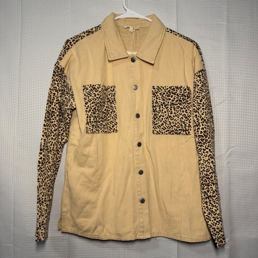 Mystree Shacket Cotton Leopard Print Colorblock Button Front Safari Boho